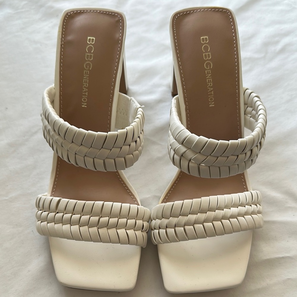 BCBGeneration White Weave Strappy Heels Size 7.5